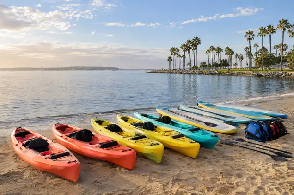 Colorful kayaks and paddleboards lined up on the sand at the bay